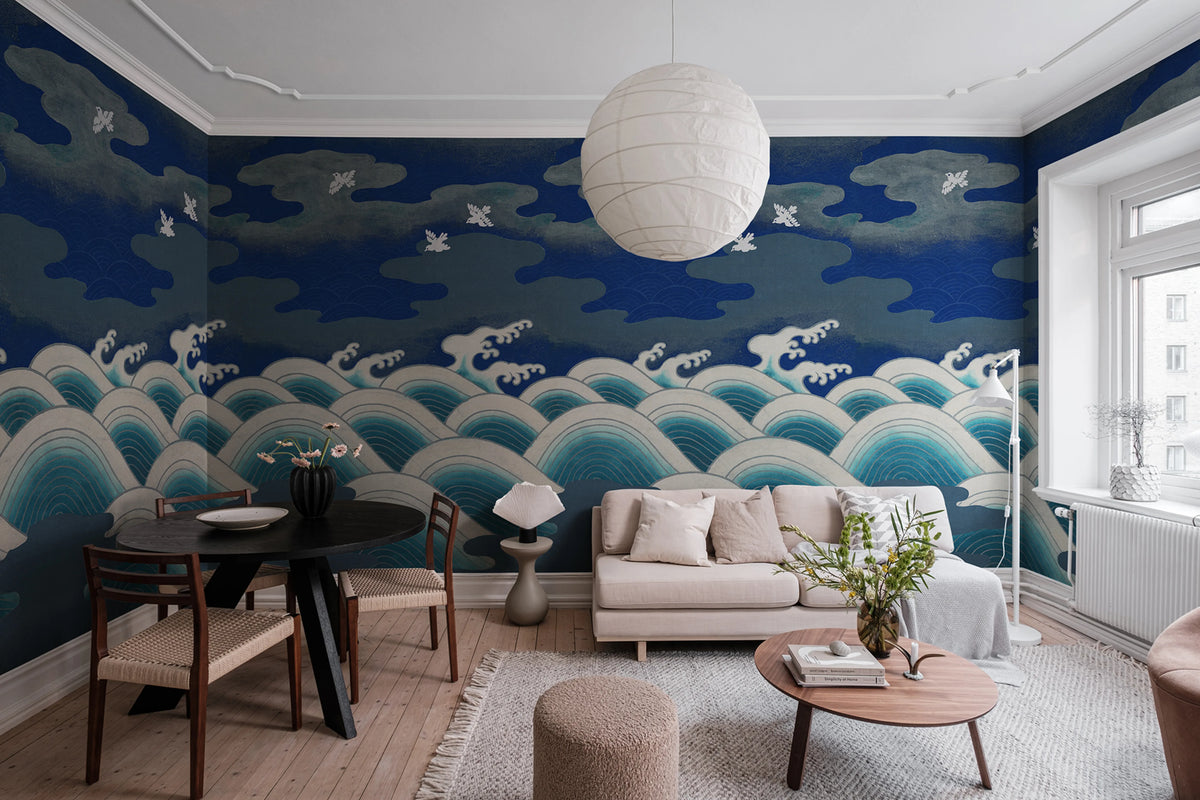 Waves Of Happiness, Blue Mural Wallpaper - room preview 02
