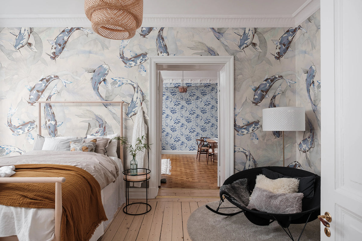 Koi, Blue Mural Wallpaper - room preview 02