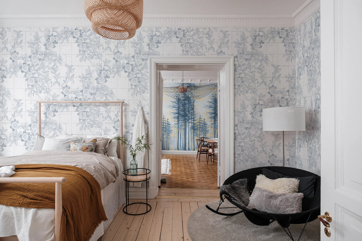 Rose Tiles, Blue Mural Wallpaper - room preview 02