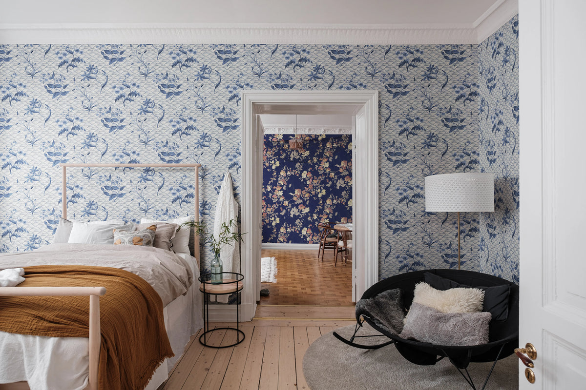 Floral Ripple Blue Mural Wallpaper - room preview 02