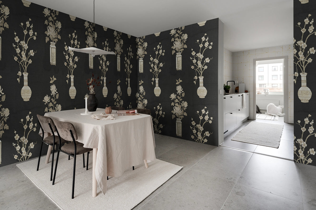 Japanese Vases Graphite Mural Wallpaper - room preview 02