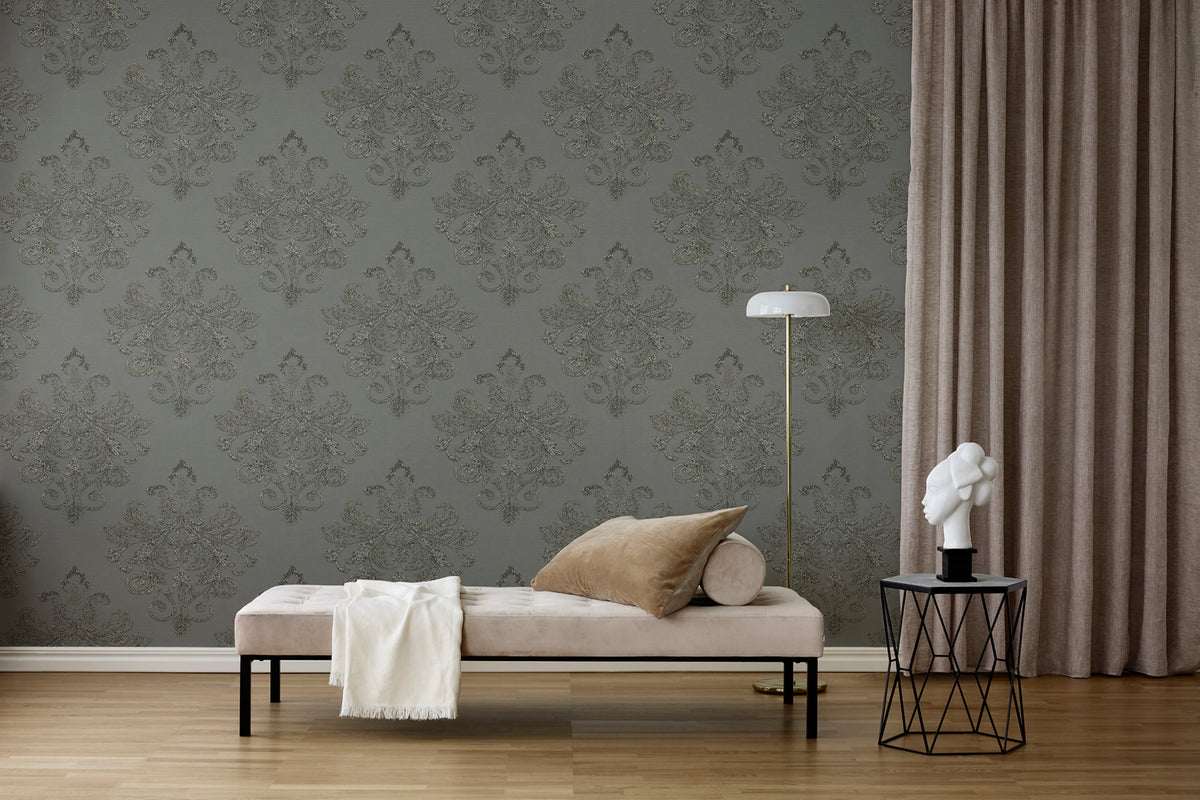 Baroque Pearl, Gray Mural Wallpaper - room preview 02