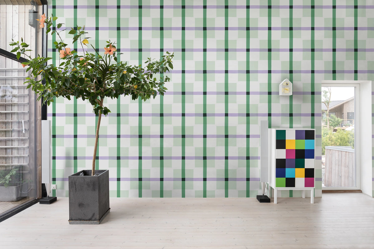 Outside The Box Green & Lilac Mural Wallpaper - room preview 02