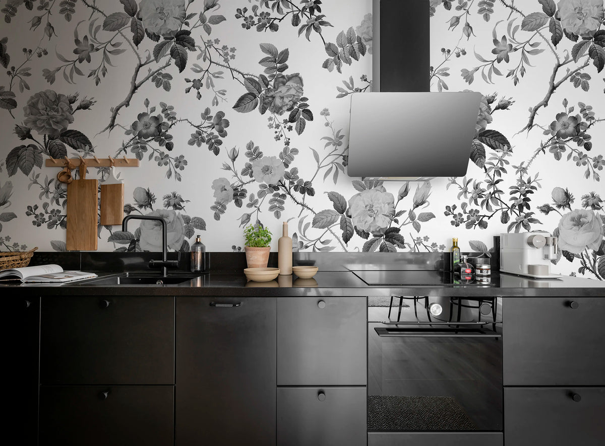 Thorn Rose, Graphite Mural Wallpaper - room preview 02