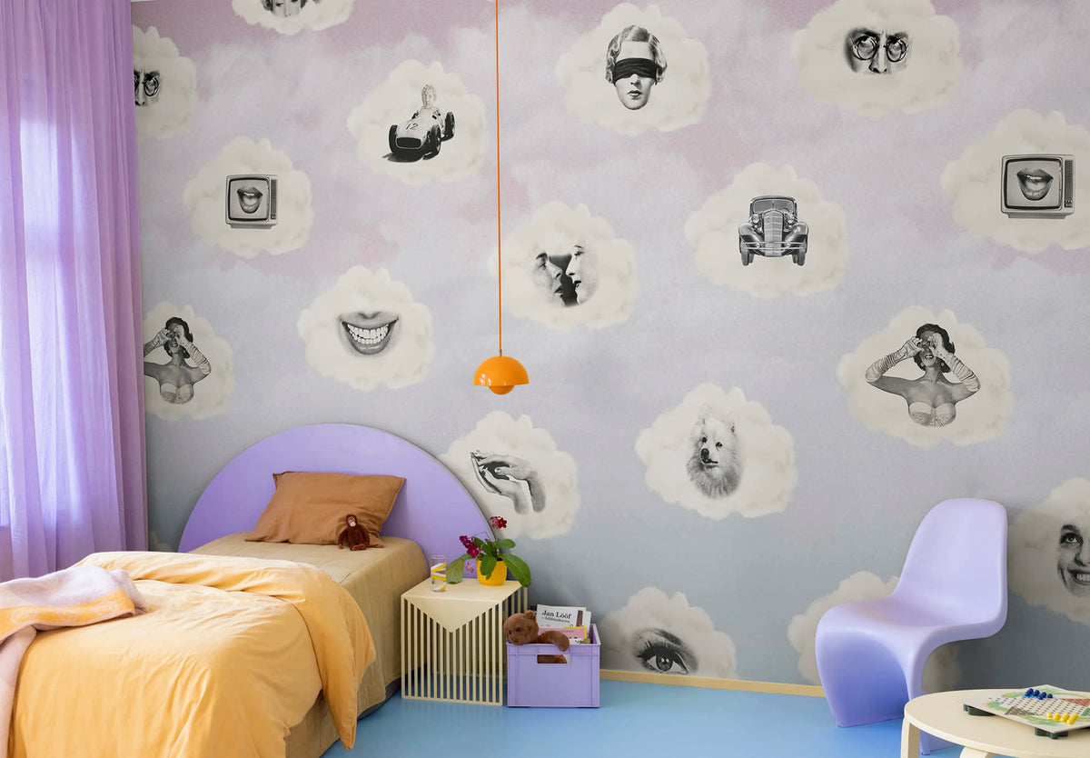 Retro Clouds, Pink Mural Wallpaper - room preview 02