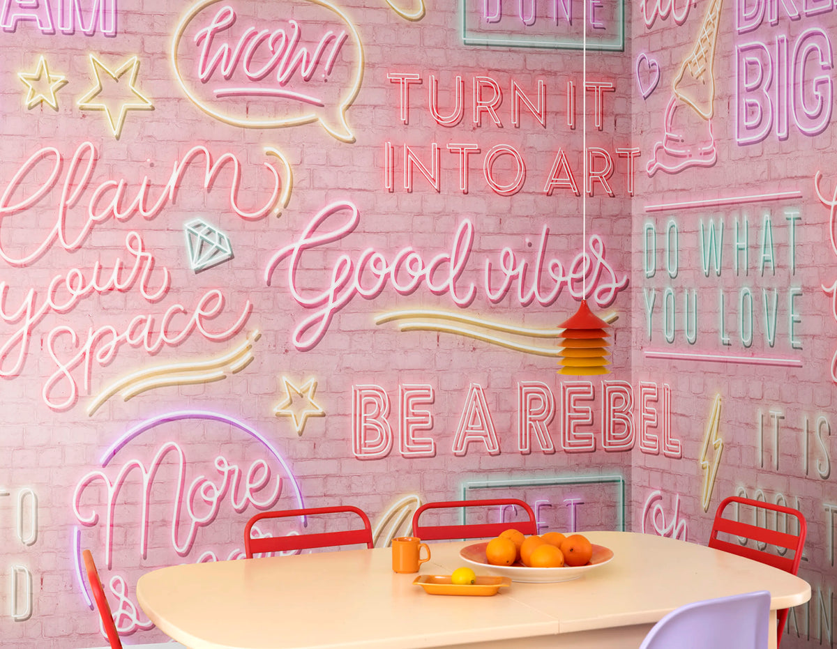 Neon Vibes, Pink Bricks Mural Wallpaper - room preview 02