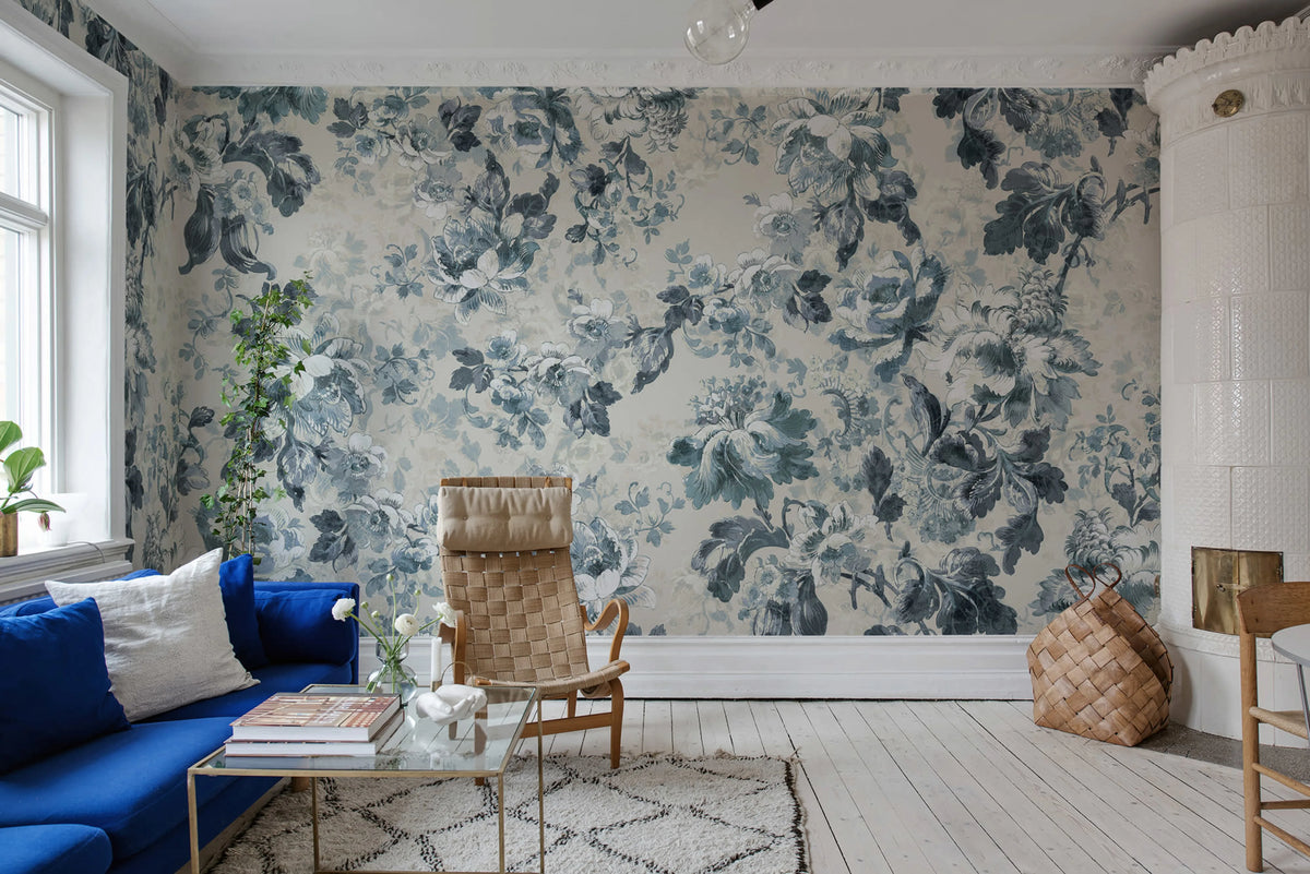 Roses, Blue Mural Wallpaper - room preview 02