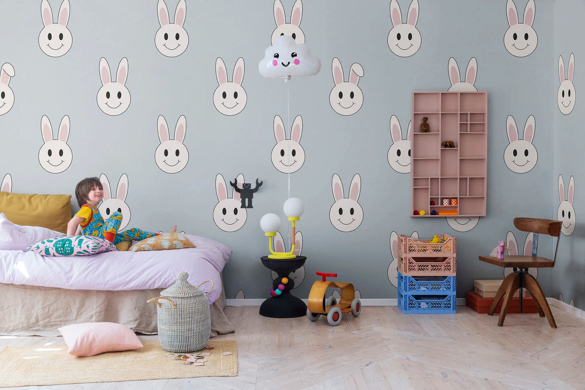 Year of the rabbit smiley, Light Blue Mural Wallpaper - room preview 02
