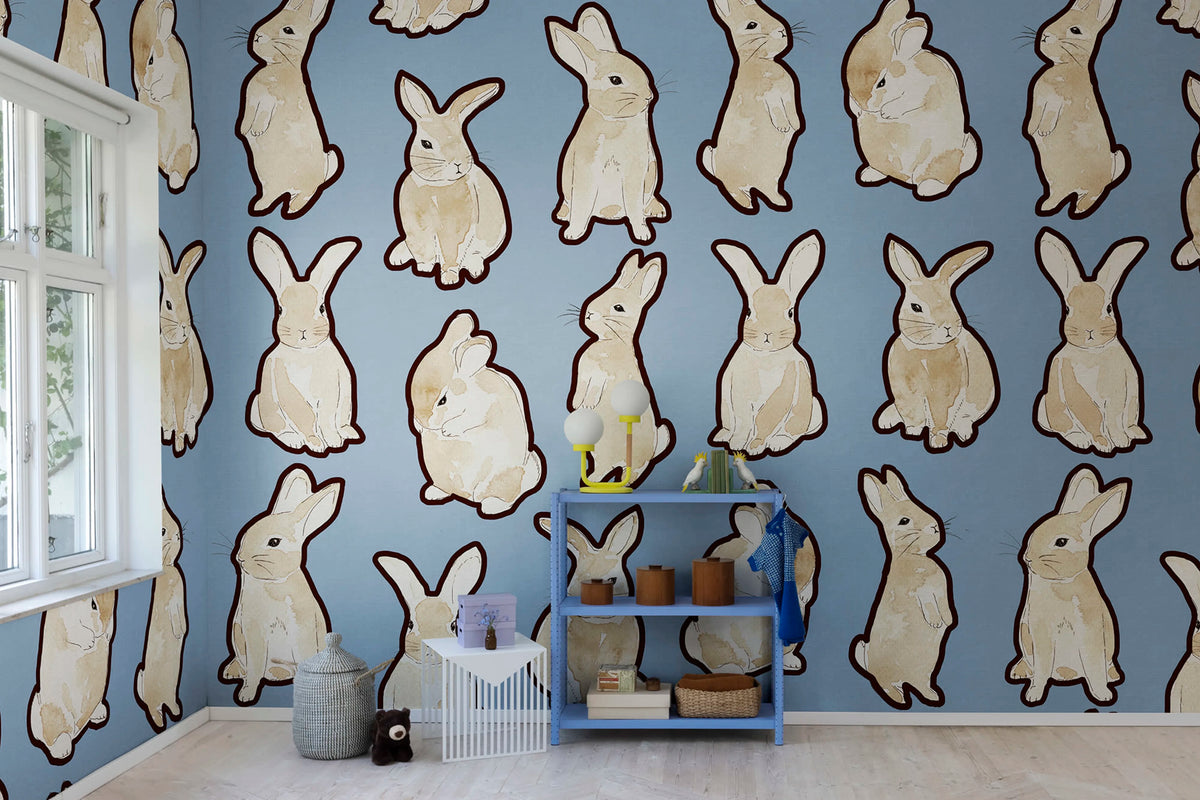 Year of the Bunny, Blue Mural Wallpaper - room preview 02