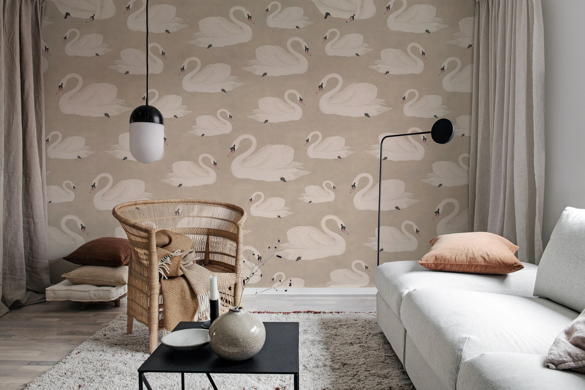 Whooper Swan, Beige Mural Wallpaper - room preview 02