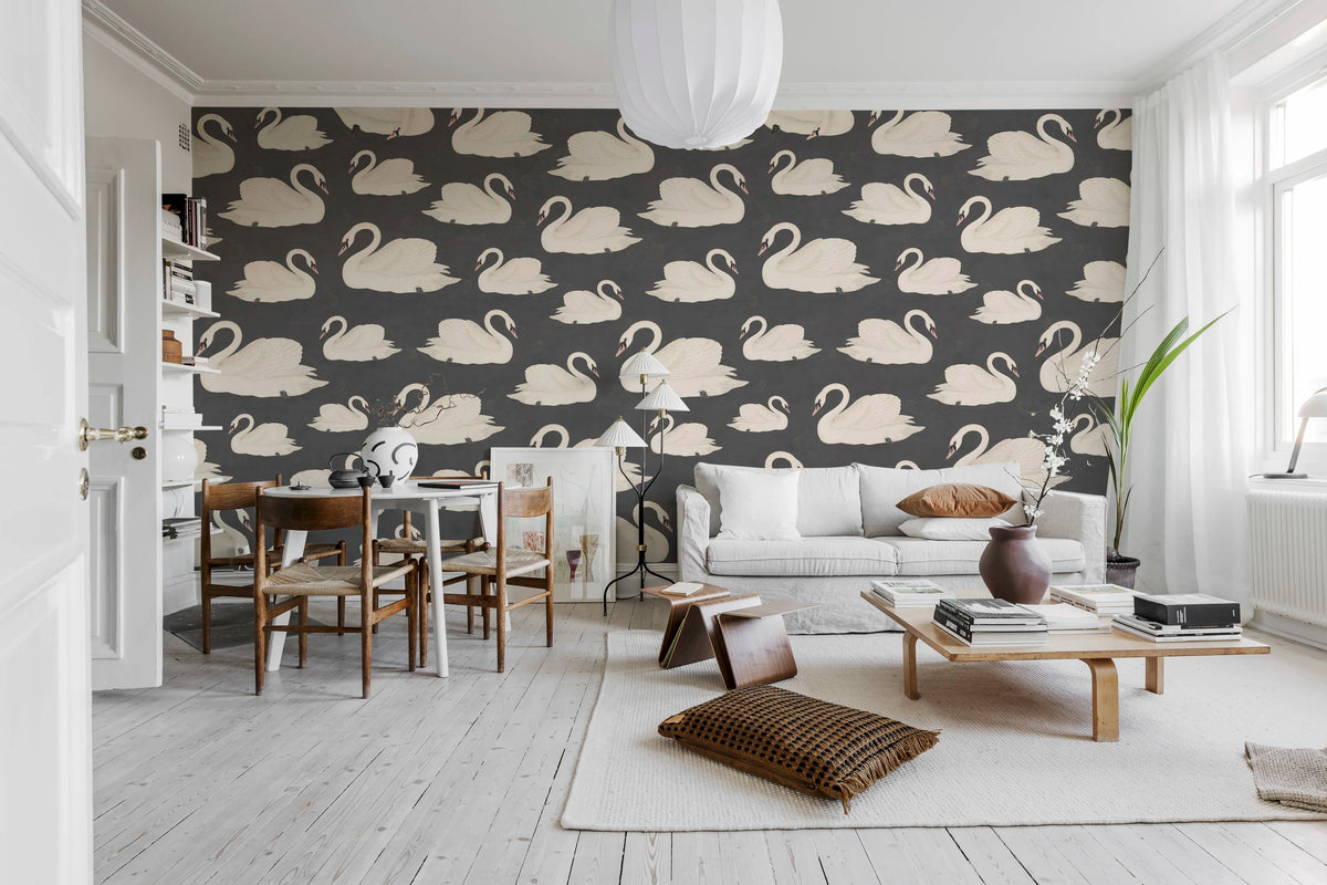 Whooper Swan, Black Mural Wallpaper - room preview 02