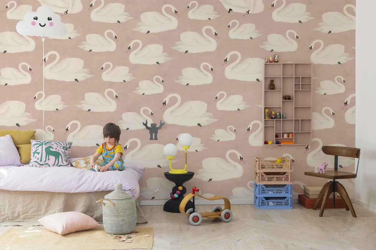 Whooper Swan, Soft Pink Mural Wallpaper - room preview 02