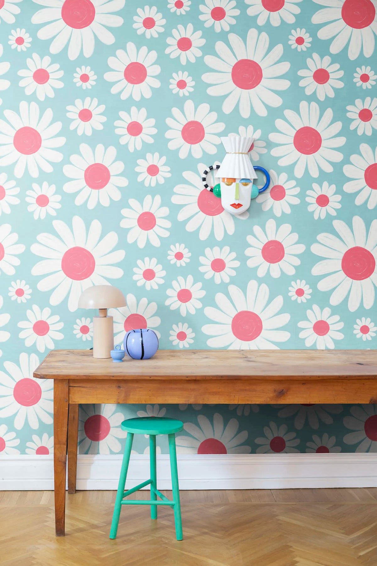 Dashing Daisies, Turquoise Mural Wallpaper - room preview 02