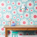 Dashing Daisies, Turquoise Mural Wallpaper - room preview 02