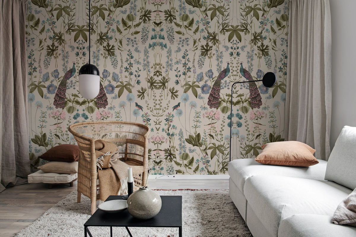 Peacock Garden, Beige Mural Wallpaper - room preview 02