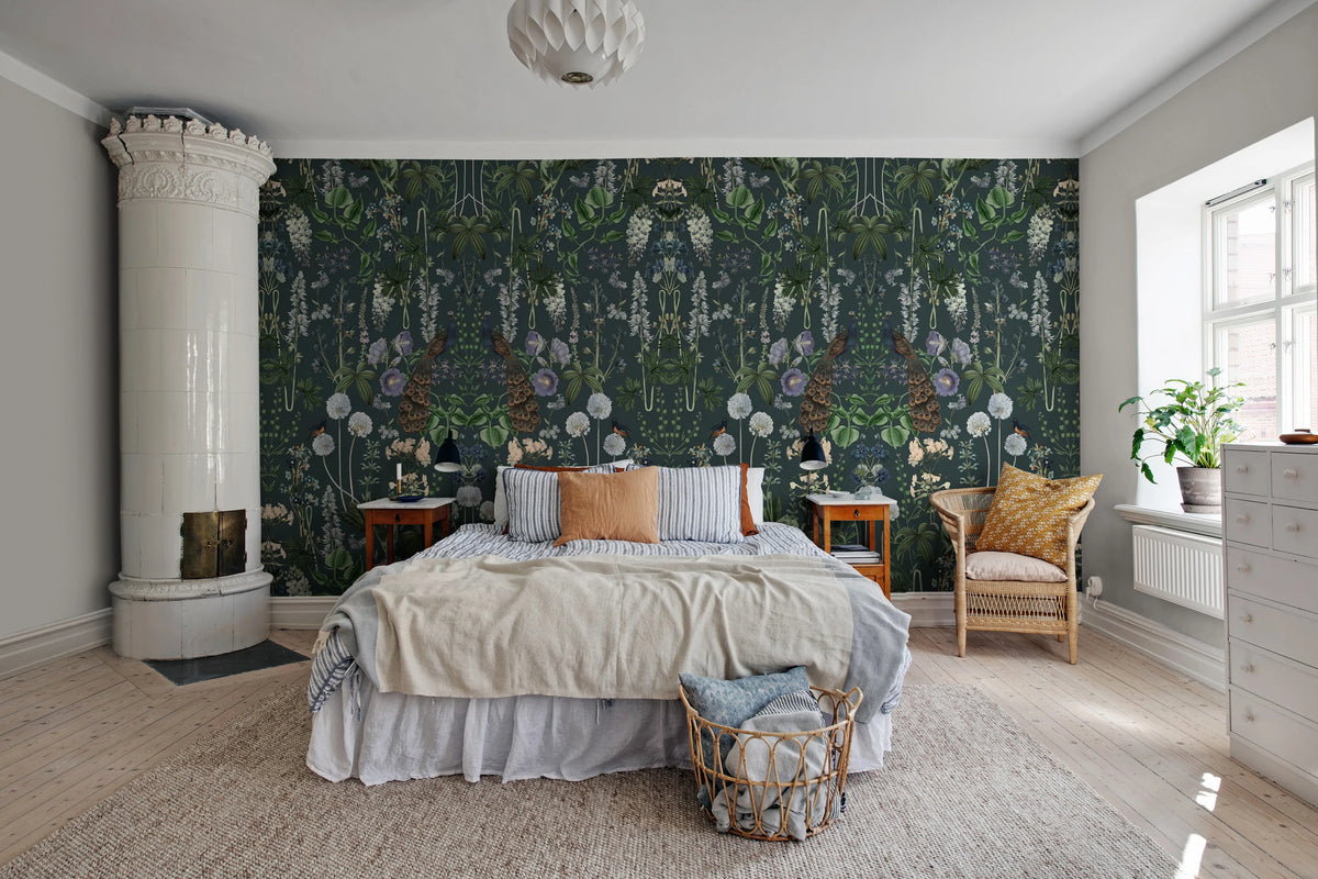 Peacock Garden, Black Mural Wallpaper - room preview 02