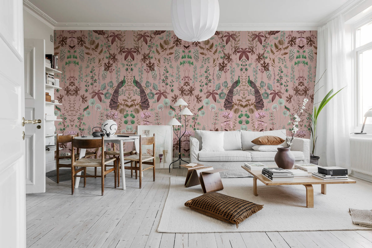 Peacock Garden, Pink Mural Wallpaper - room preview 02