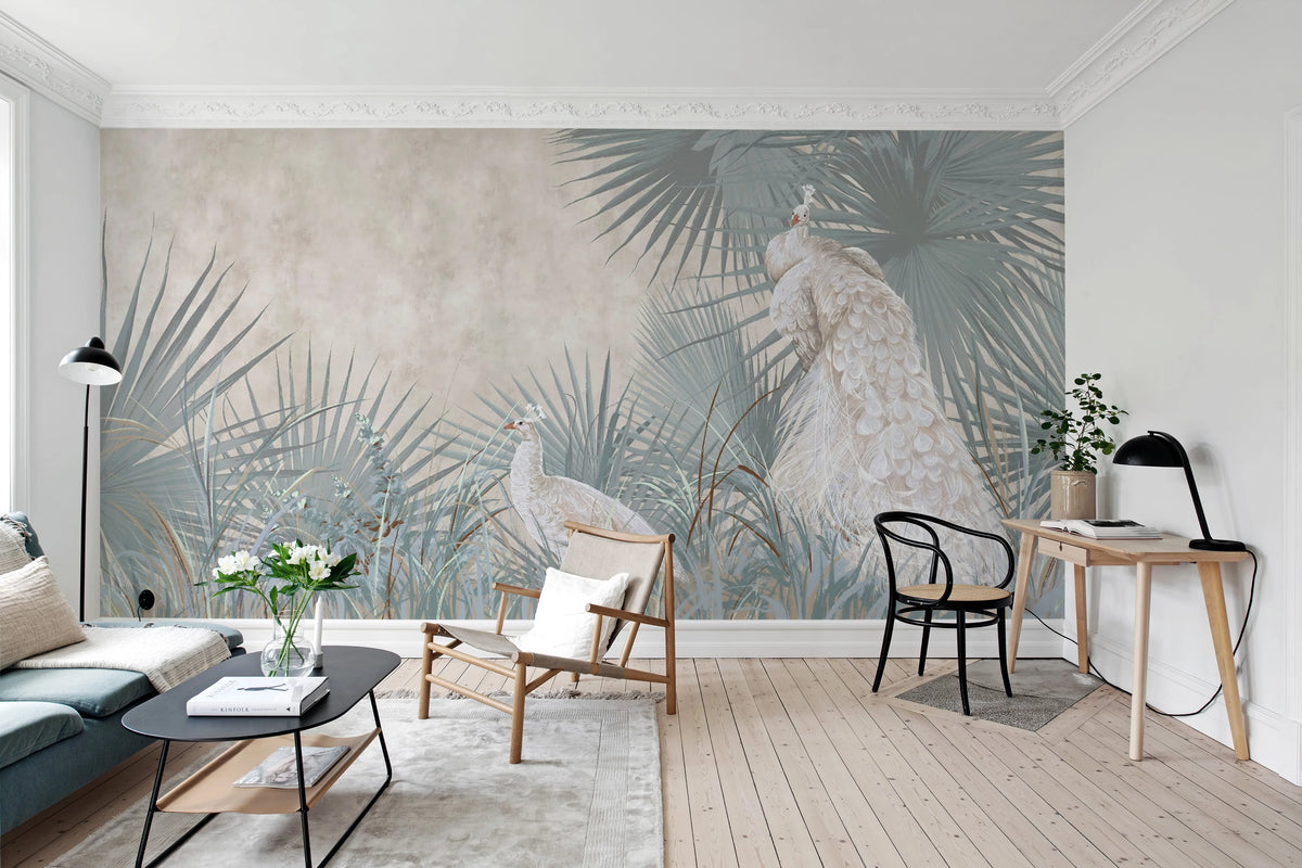 White Peacocks Mural Wallpaper - room preview 02