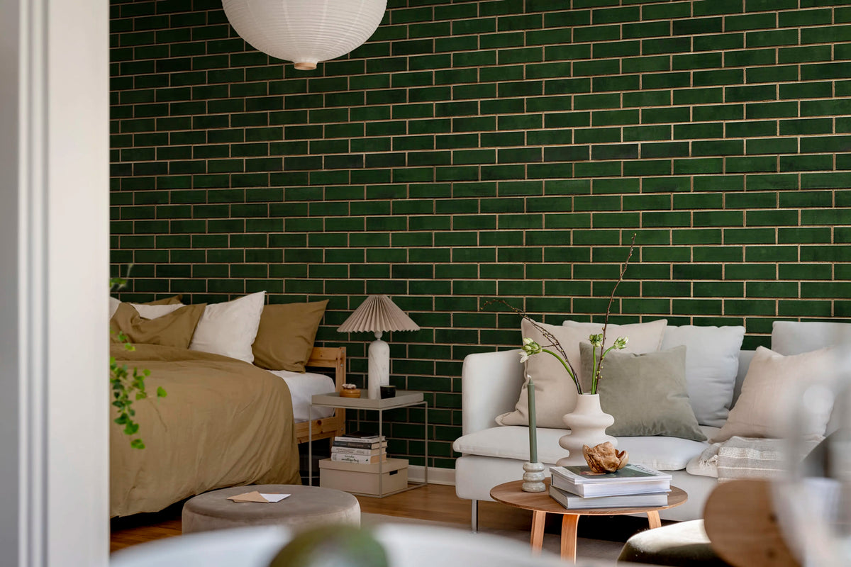 Wall of Tiles, Dark Green Mural Wallpaper - room preview 02