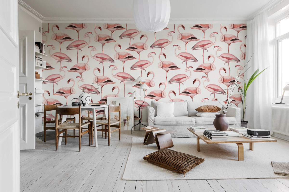 Flamingos, Soft Pink Mural Wallpaper - room preview 02