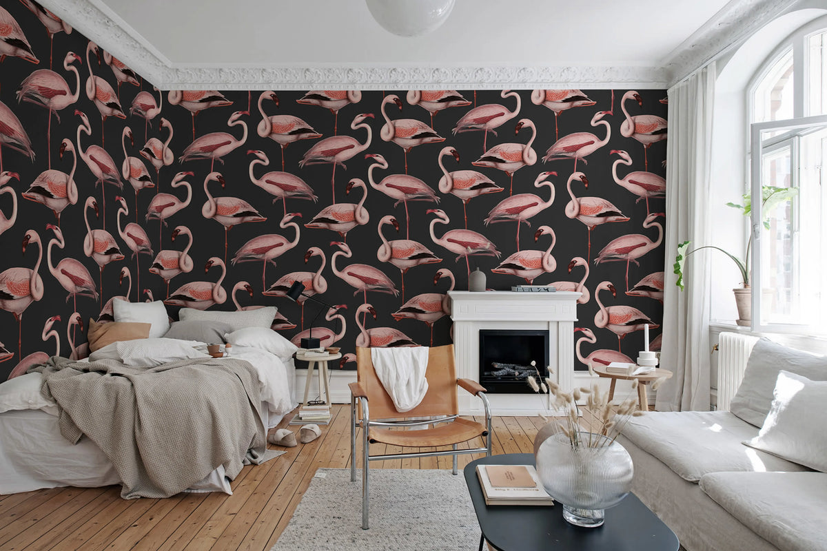 Flamingos, Liquorice Mural Wallpaper - room preview 02
