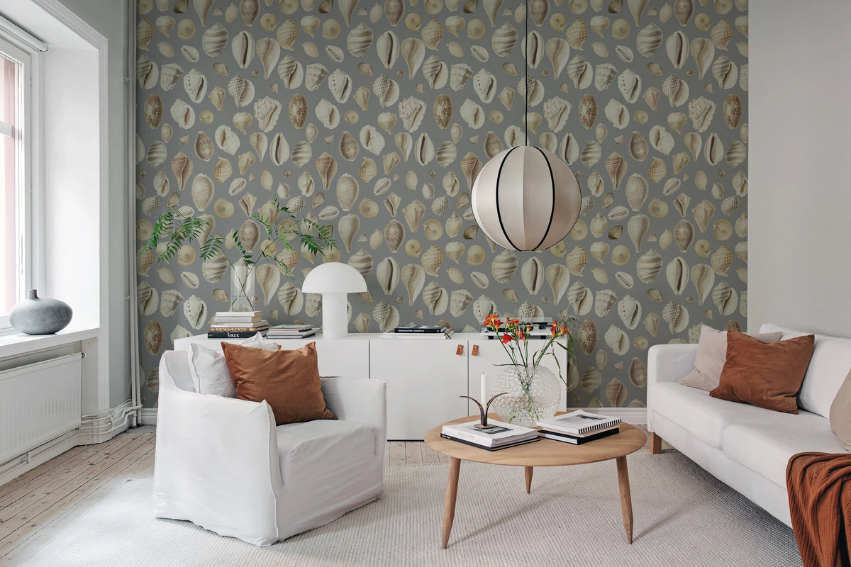Ocean Shells, Blue Mural Wallpaper - room preview 02