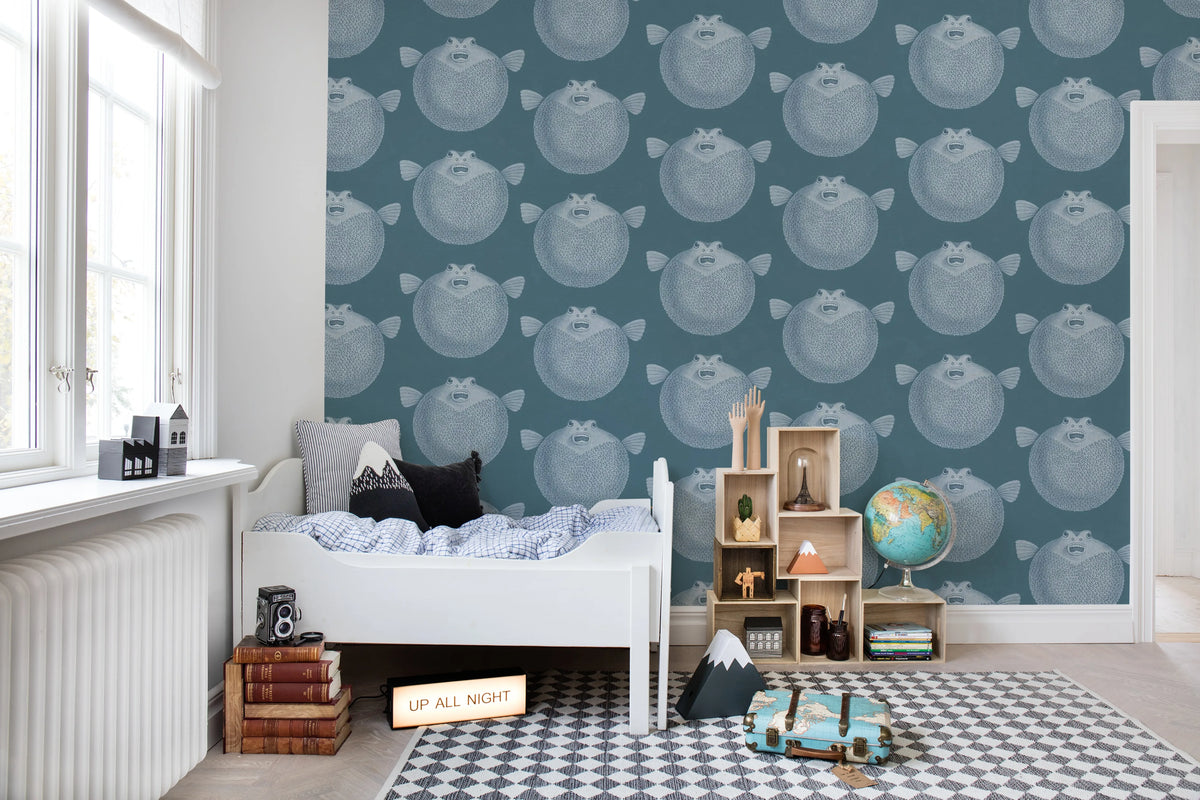 Puffer Fish, Blue Mural Wallpaper - room preview 02