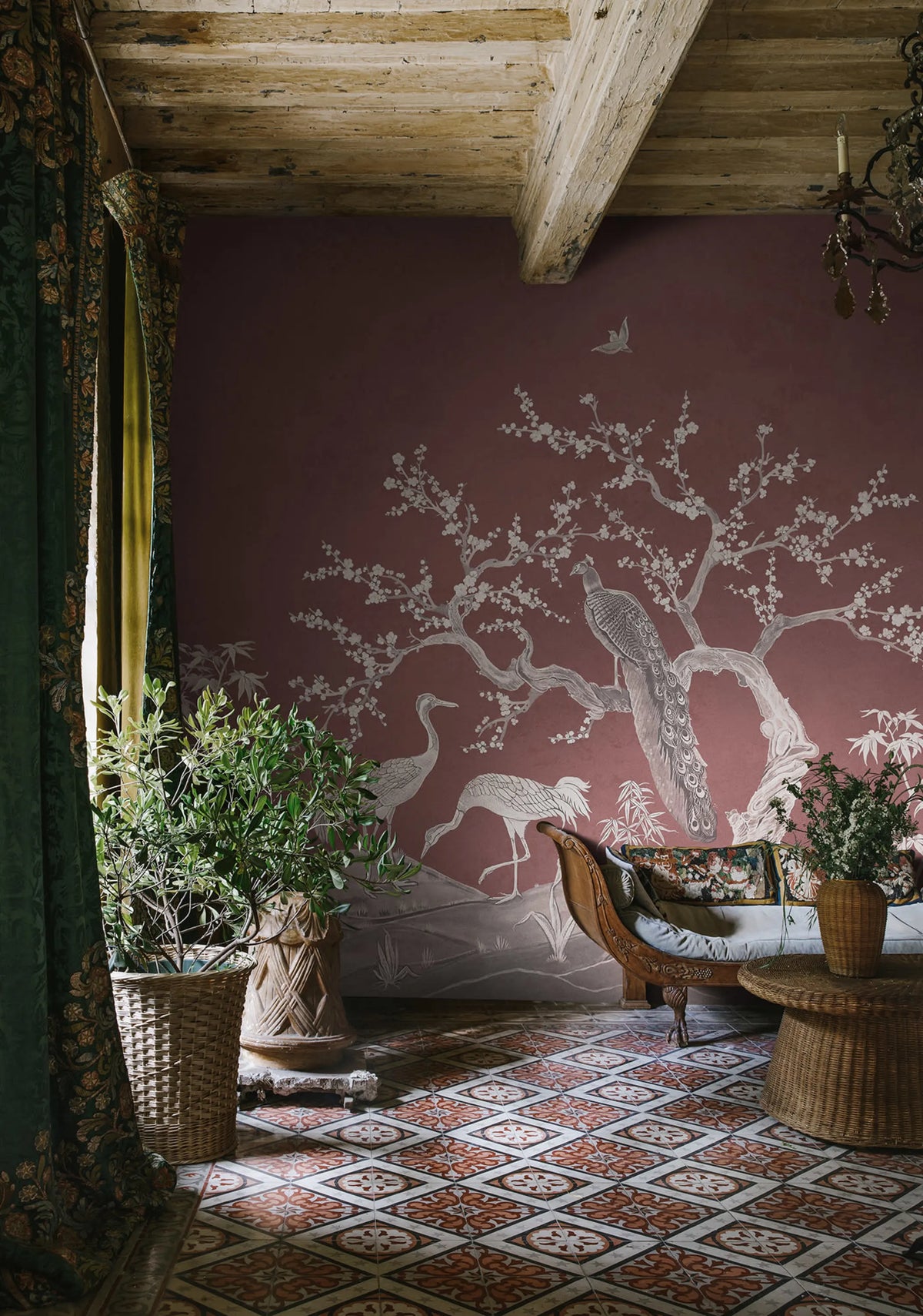 Chinoiserie Blossom, Raspberry Red Mural Wallpaper - room preview 02
