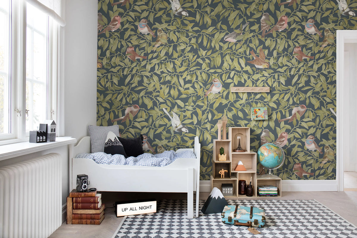 Backwood Birds, Dark Blue Mural Wallpaper - room preview 02