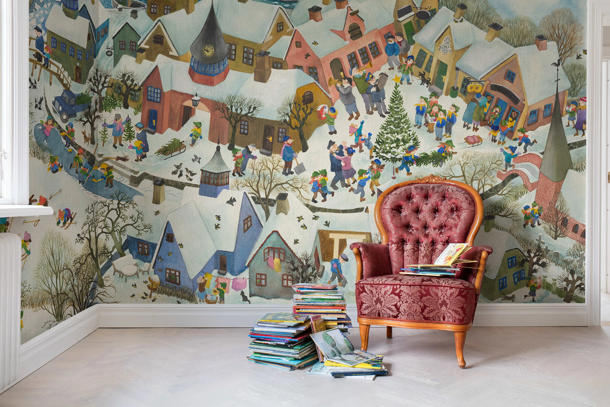 Friendly Town, Winter Mural Wallpaper - room preview 02