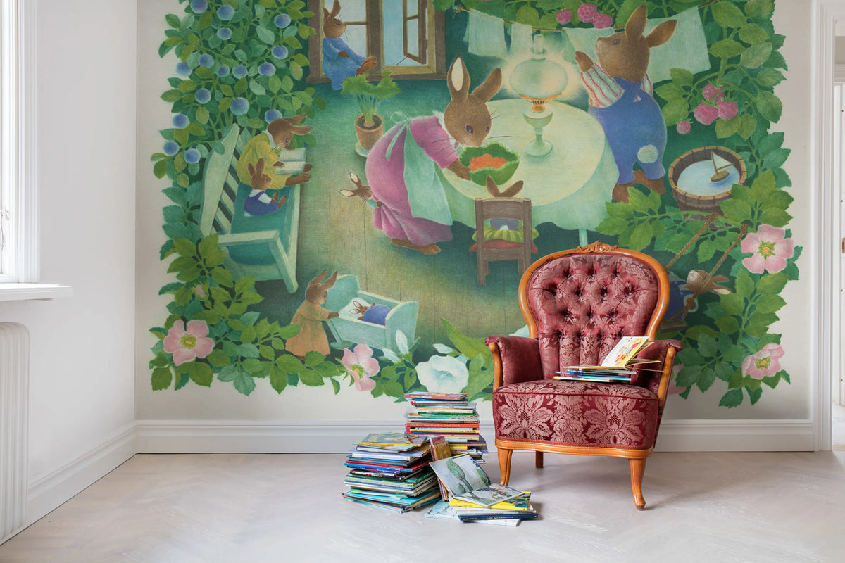 Rabbit Family, Green Mural Wallpaper - room preview 02