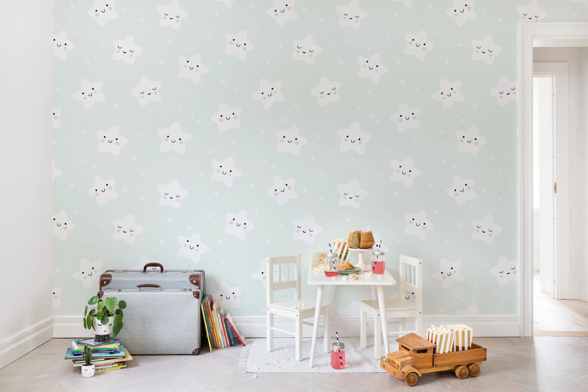 Cute Stars, Mint Mural Wallpaper - room preview 02