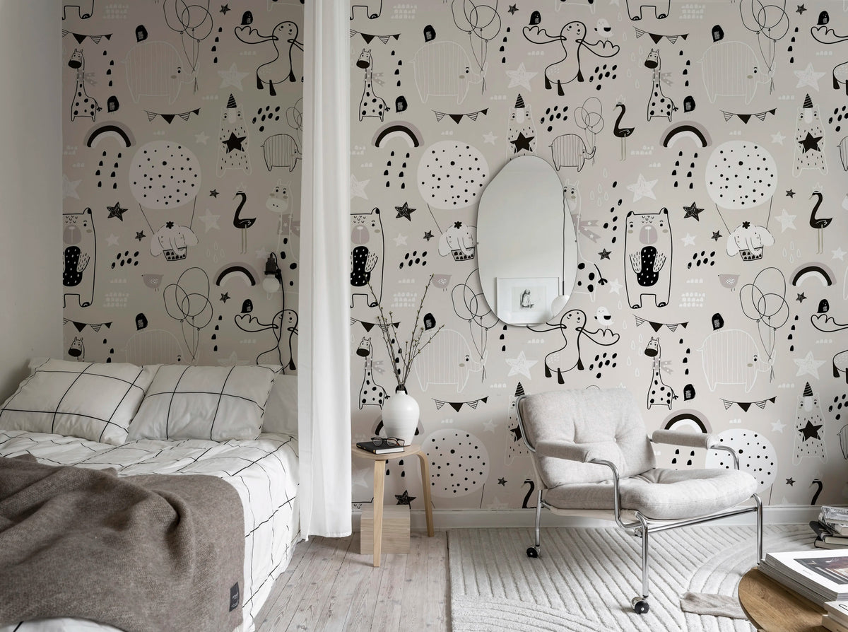 Happy Animals, Gray Mural Wallpaper - room preview 02
