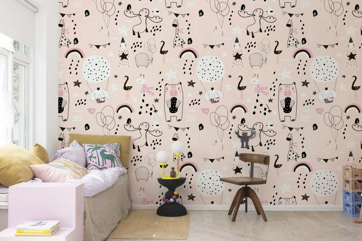 Happy Animals, Pink Mural Wallpaper - room preview 02