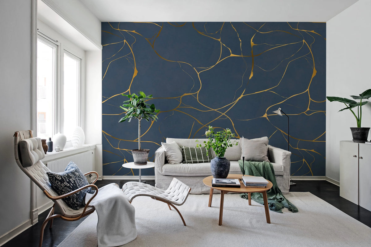 Gold Swirl, Dark Blue Mural Wallpaper - room preview 02