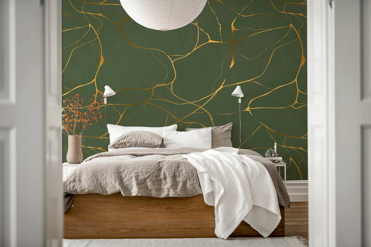 Gold Swirl, Dark Green Mural Wallpaper - room preview 02