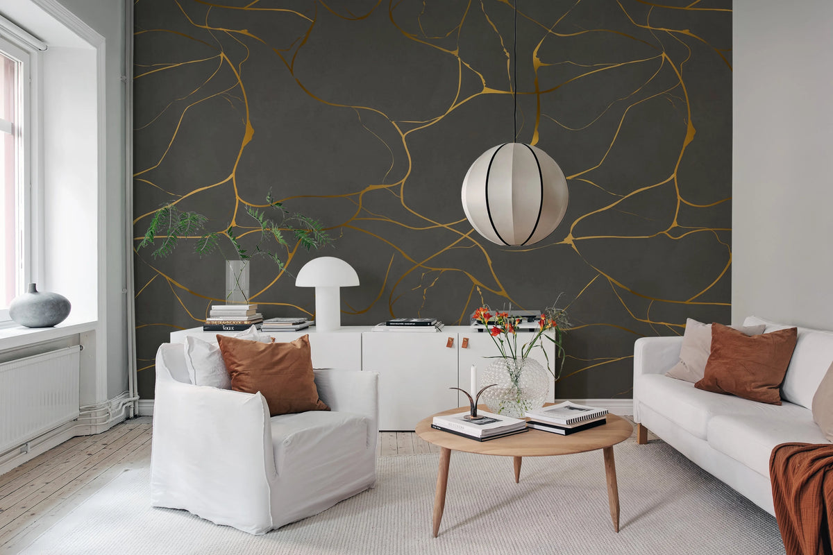 Gold Swirl, Dark Gray Mural Wallpaper - room preview 02