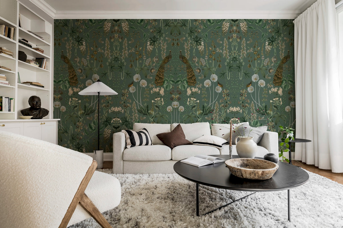Peacock Garden, Green Mural Wallpaper - room preview 02