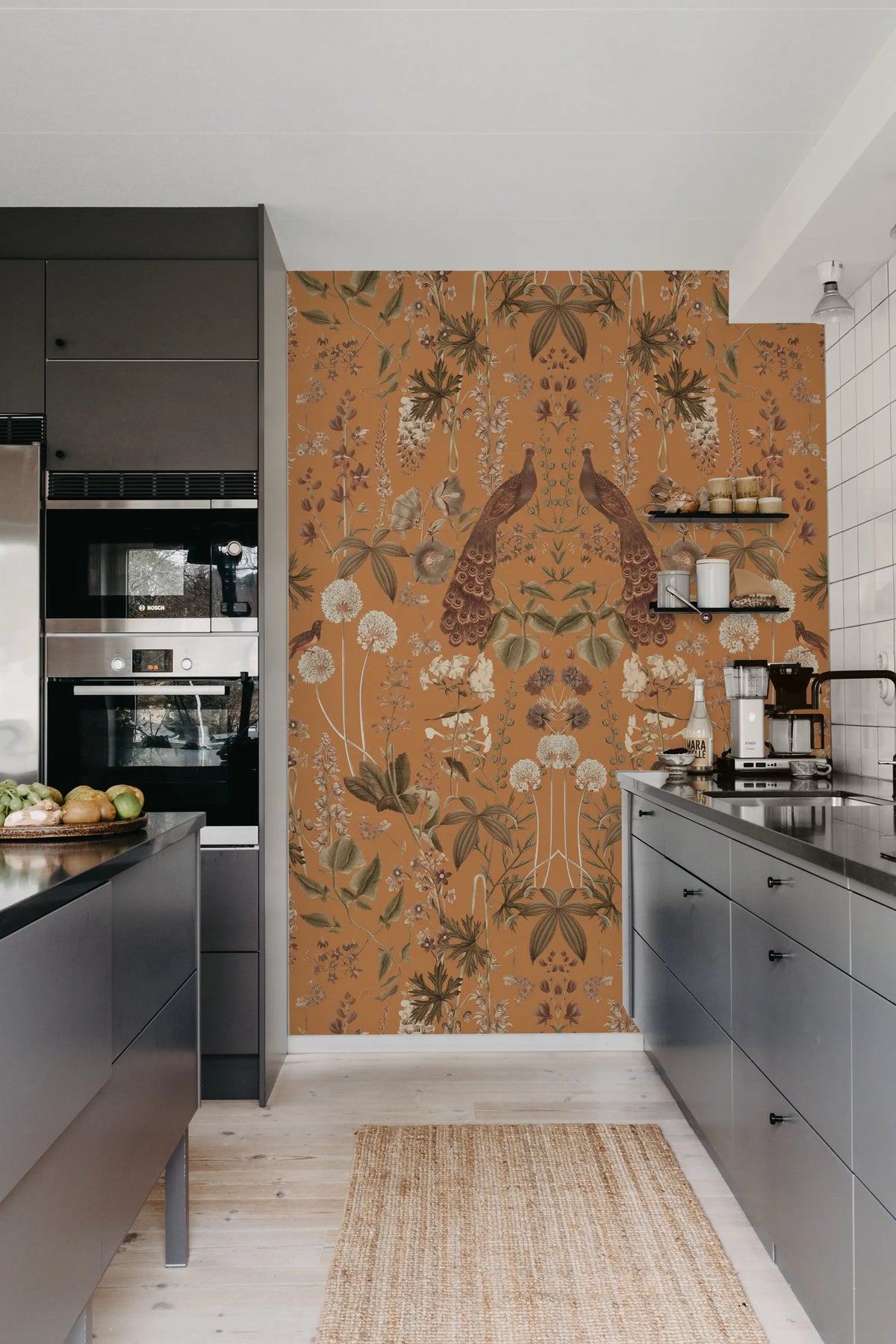 Peacock Garden, Ocher Mural Wallpaper - room preview 02