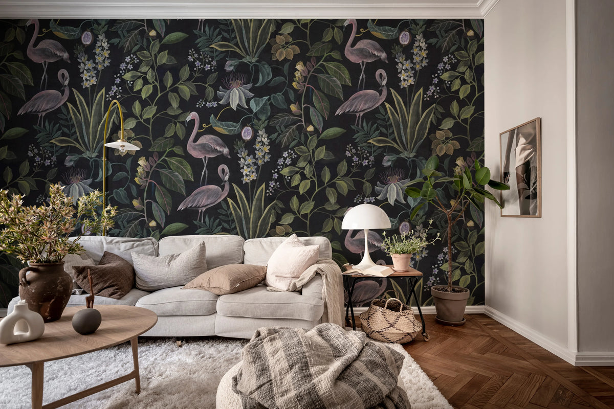 Flamingo Paradise, Midnight Mural Wallpaper - room preview 02