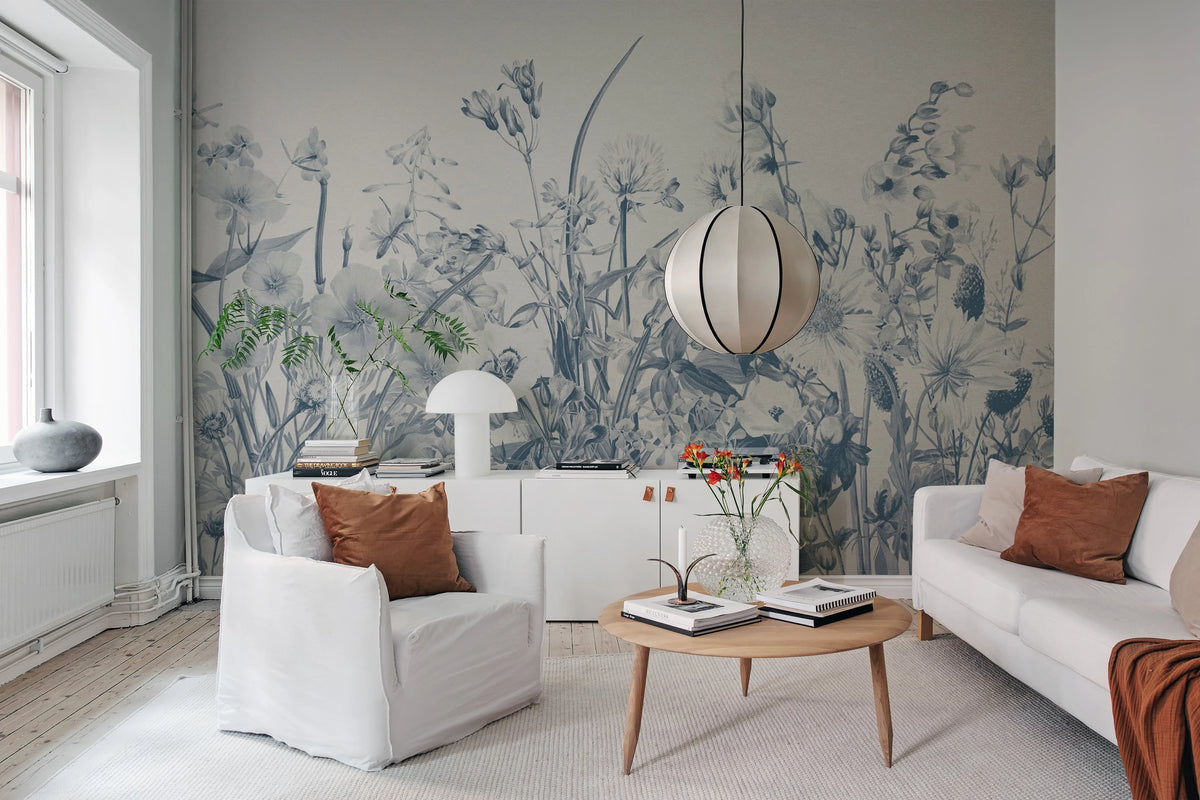 Soft Meadow, Blue Mural Wallpaper - room preview 02