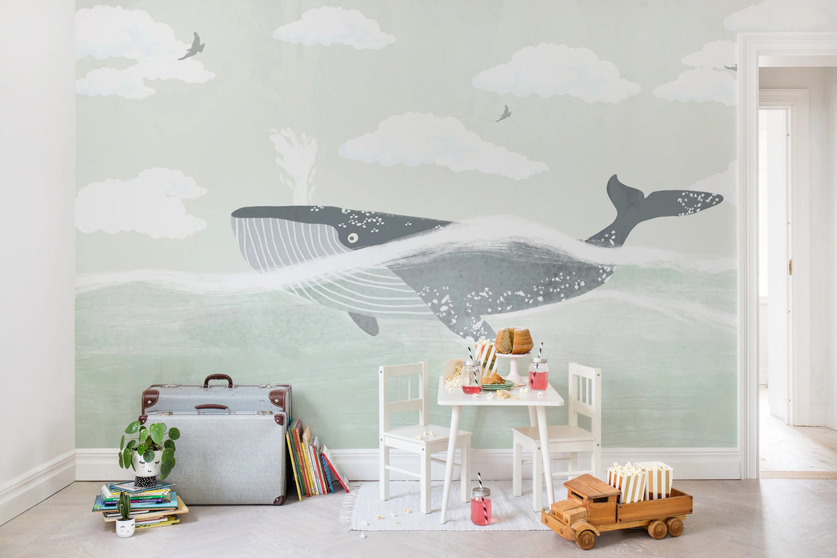 Happy Whale Mural Wallpaper - room preview 02
