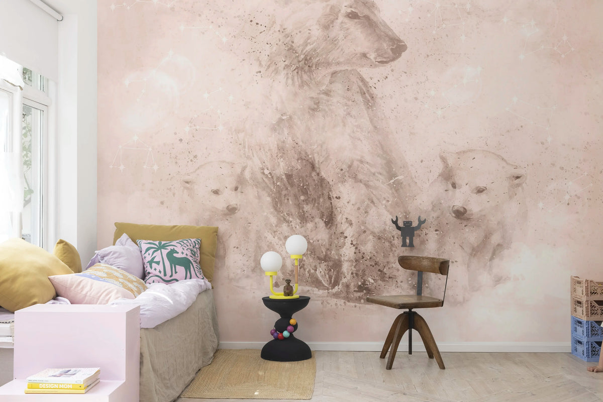 Polar Bear, Soft Pink Mural Wallpaper - room preview 02