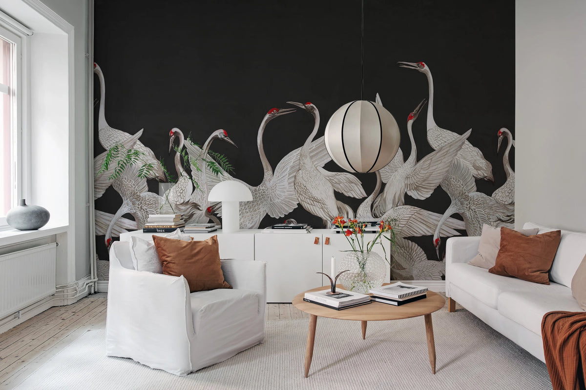 Soaring Cranes, Black Mural Wallpaper - room preview 02