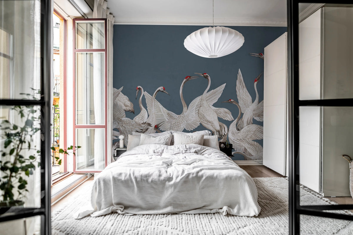 Soaring Cranes, Blue Mural Wallpaper - room preview 02