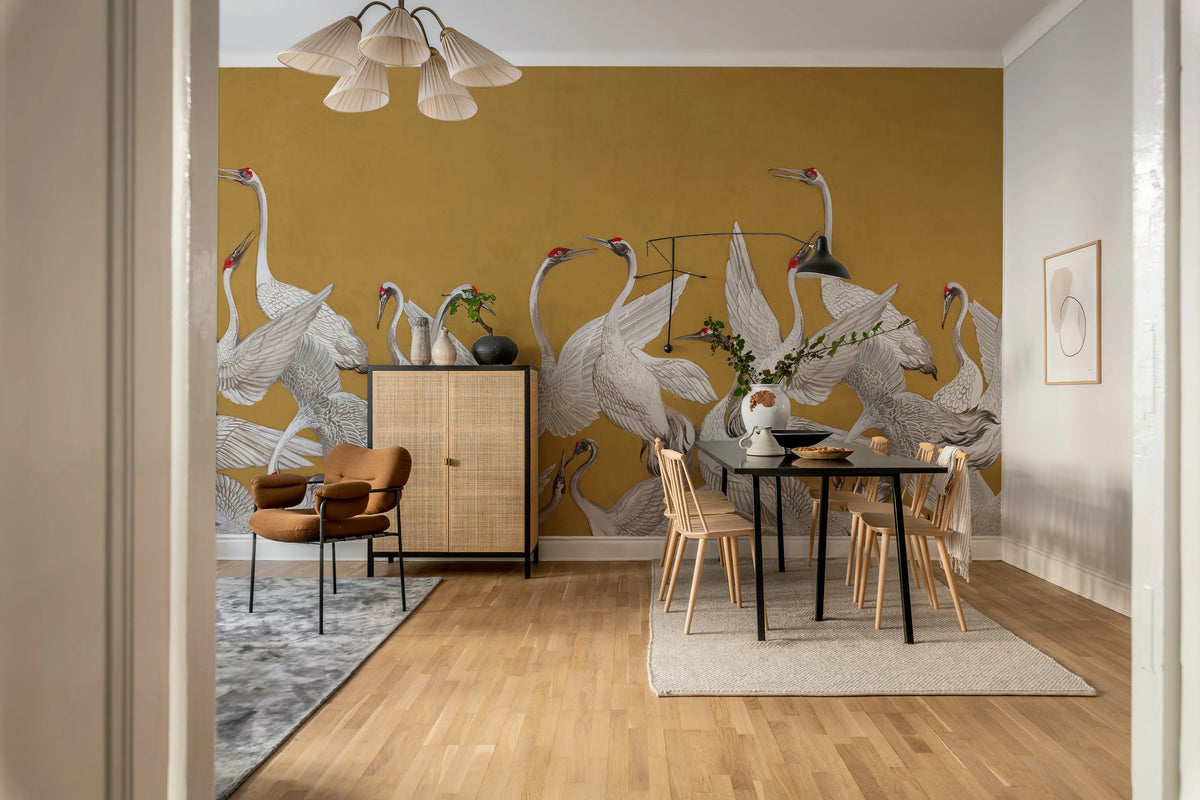 Soaring Cranes, Yellow Mural Wallpaper - room preview 02