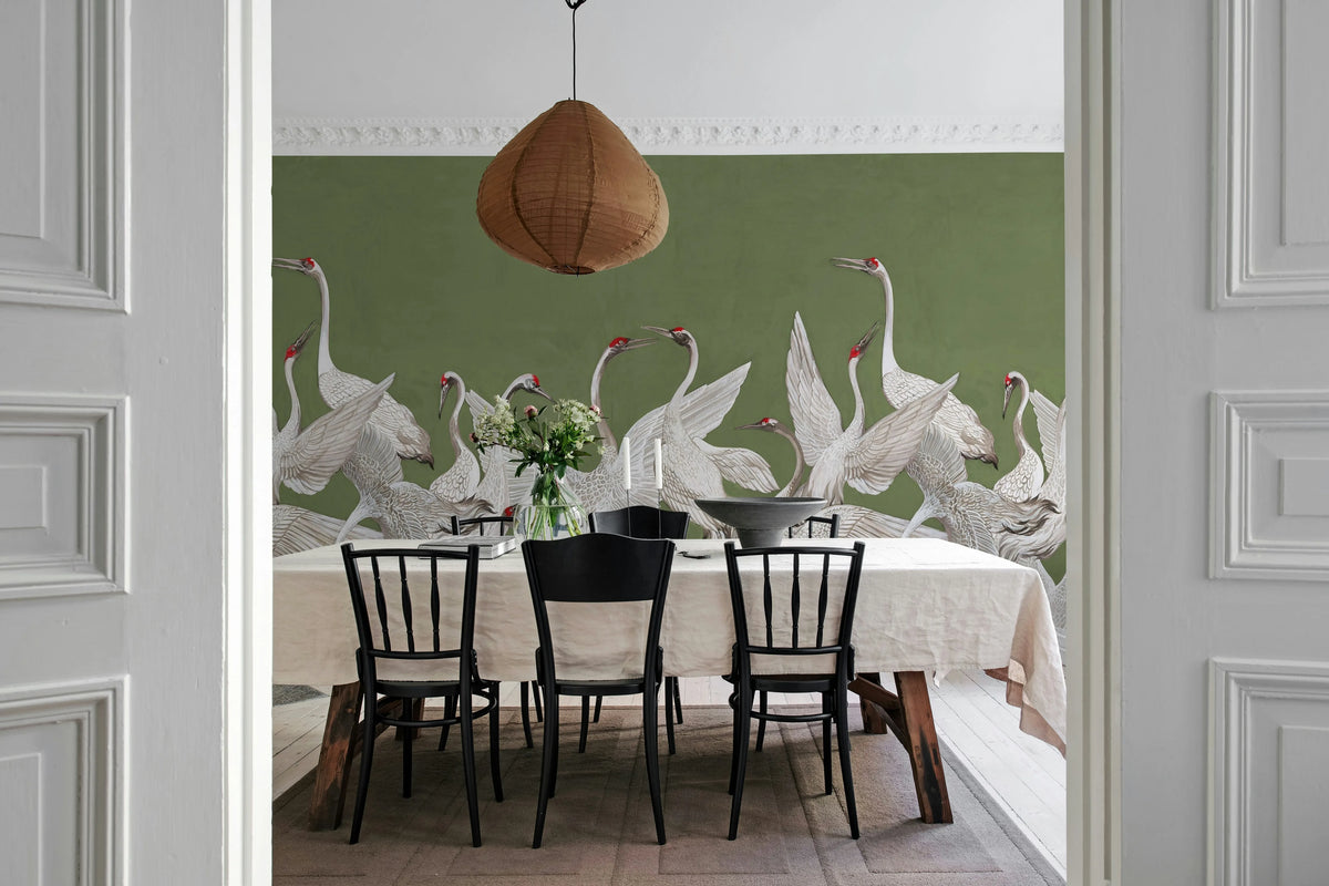 Soaring Cranes, Green Mural Wallpaper - room preview 02