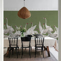 Soaring Cranes, Green Mural Wallpaper - room preview 02