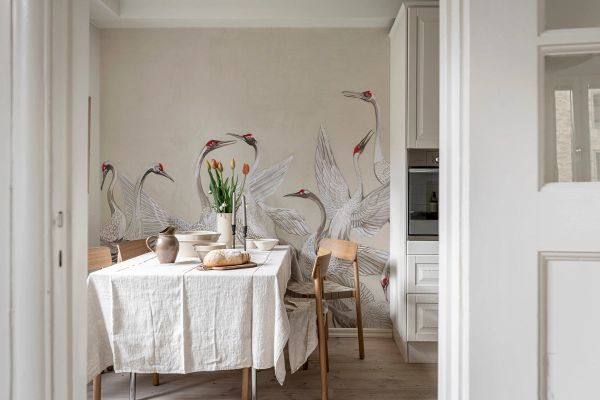 Soaring Cranes, Beige Mural Wallpaper - room preview 02