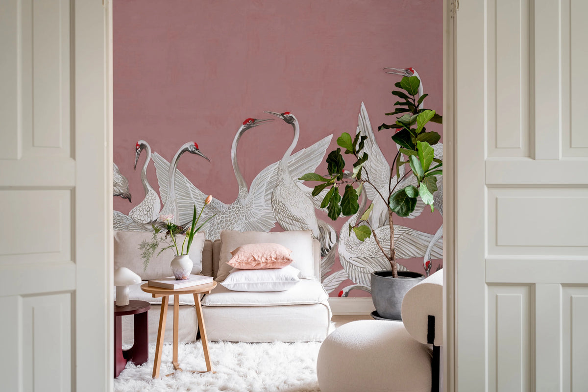 Soaring Cranes, Pink Mural Wallpaper - room preview 02